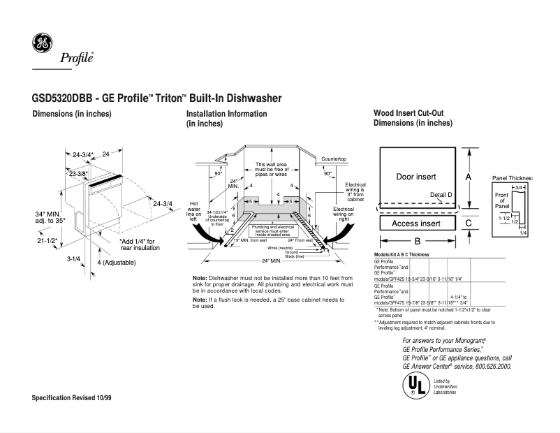 Page 1 of the manual Technical Sheet GE Profile Triton GSD5320DBB