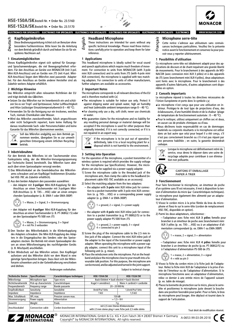 Page 1 of the manual User Manual Monacor HSE-150A/SK