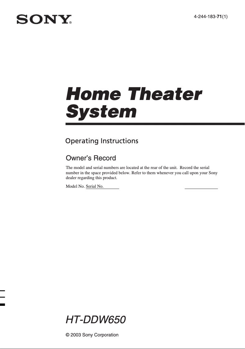 Page 1 of the manual User Manual Sony HT-V1000DP