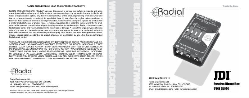 Page 1 de la notice Manuel utilisateur Radial Engineering JDI Mk3