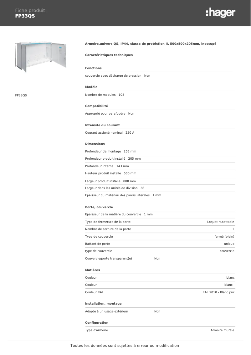 Page 1 of the manual User Manual Hager FP33QS