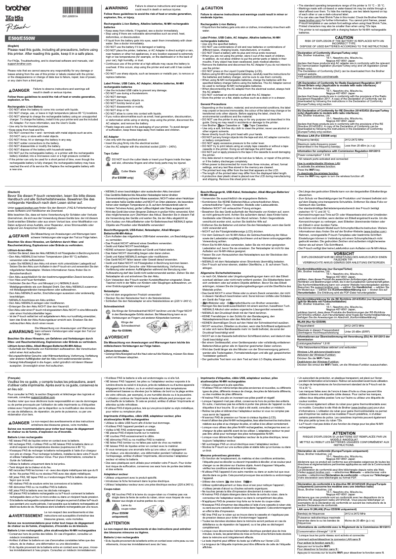 Page 1 of the manual Safety Instructions Brother P-Touch PT-E550W