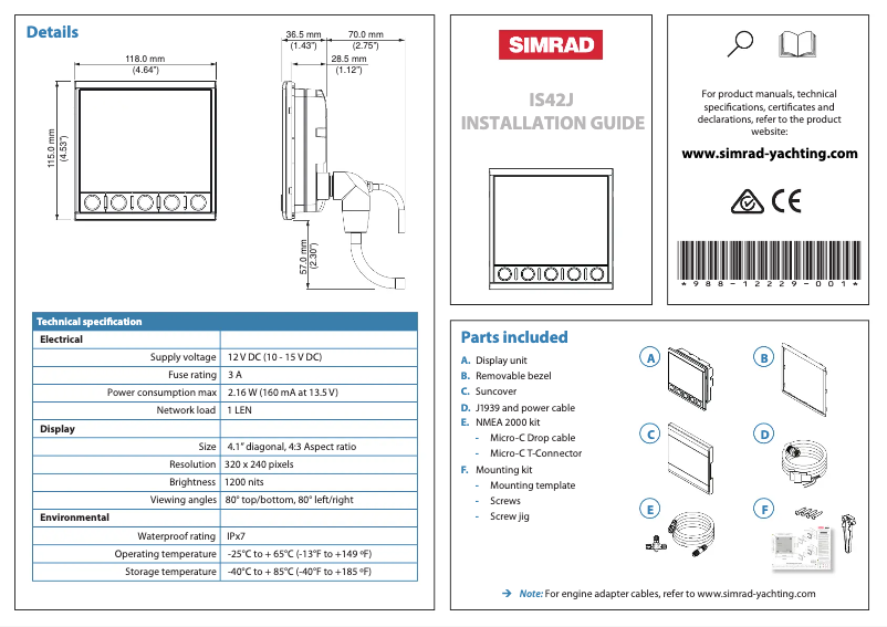 Page 1 of the manual Installation Guide Simrad IS42J