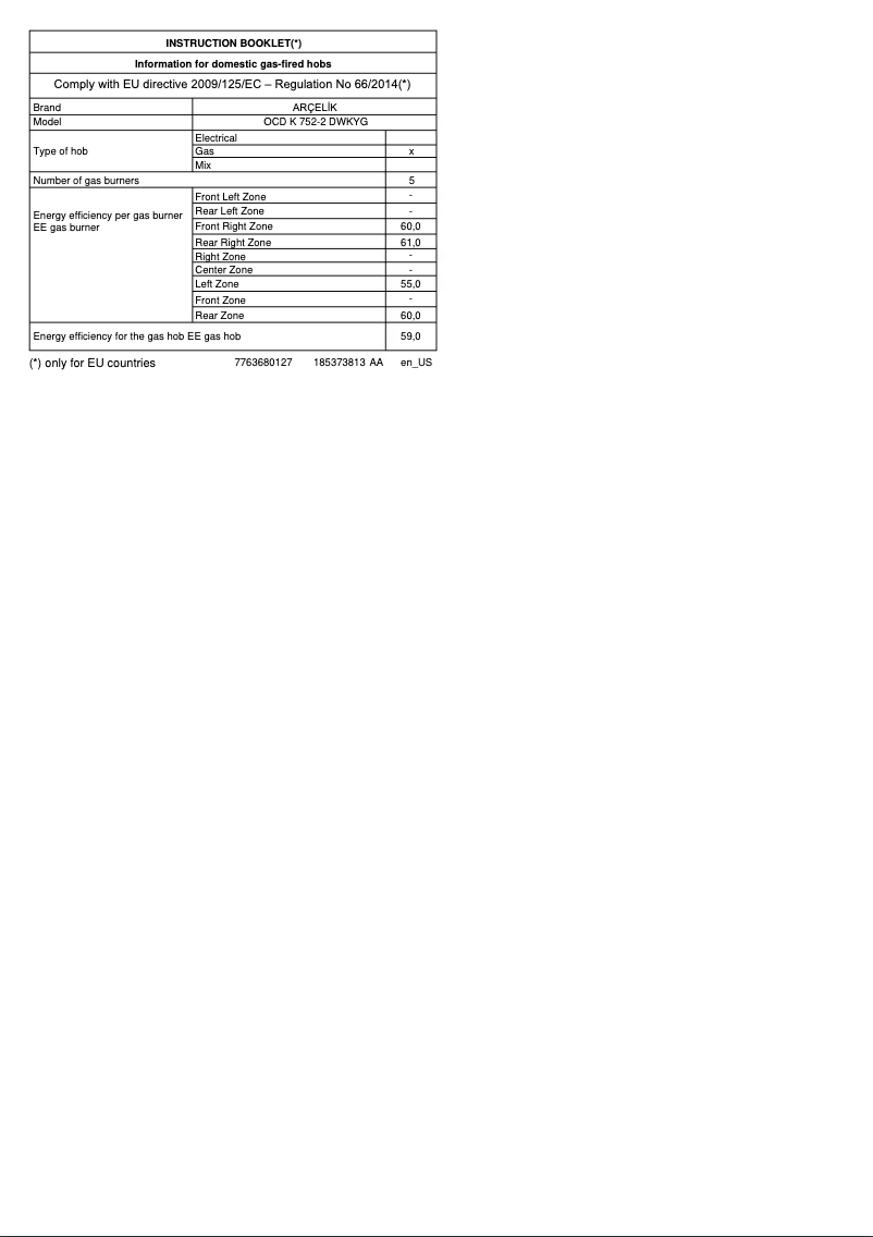 Page 1 of the manual User Manual Arçelik OCD K 752-2 DWKYG