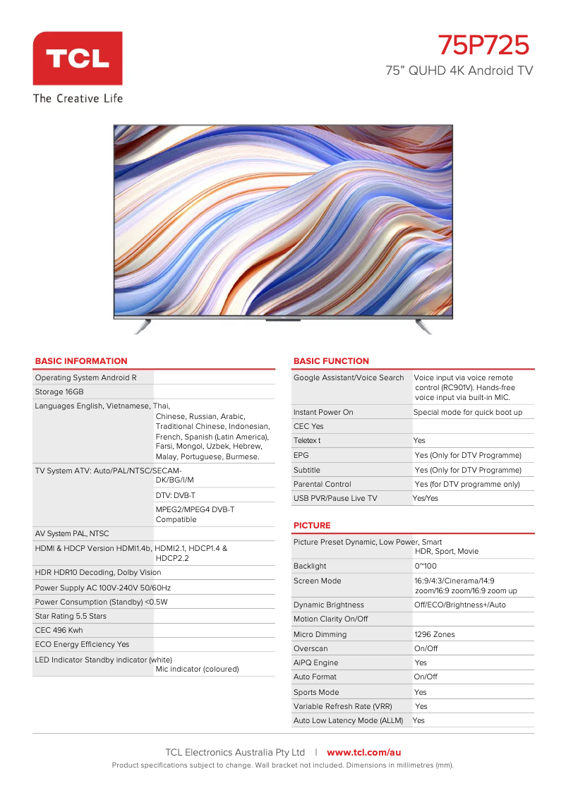 Page 1 of the manual Technical Sheet TCL 75P725