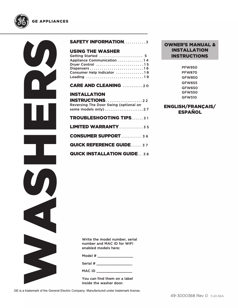 First page image of the manual for GFW510SCNWW