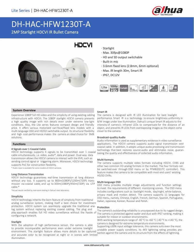 First page image of the manual for HAC-HFW1230T-A