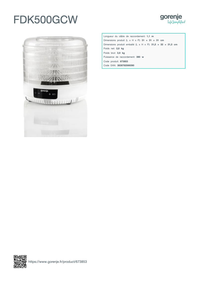 Page 1 of the manual Technical Sheet Gorenje FDK500GCW