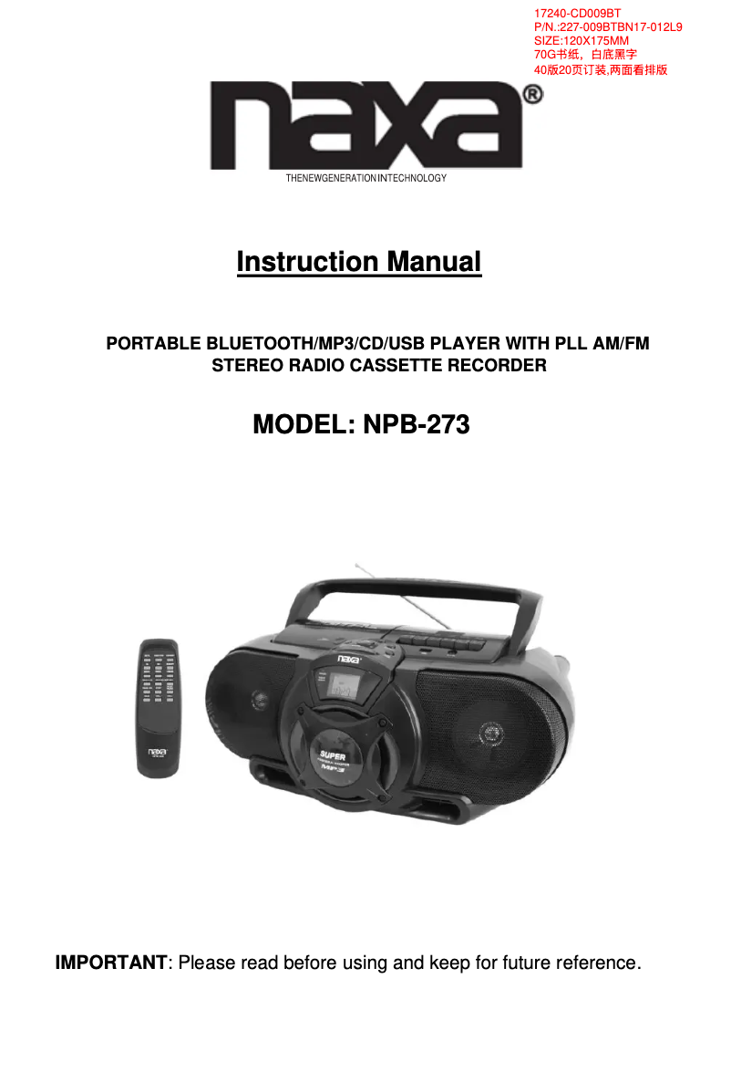 Page 1 de la notice Manuel utilisateur Naxa NPB-273