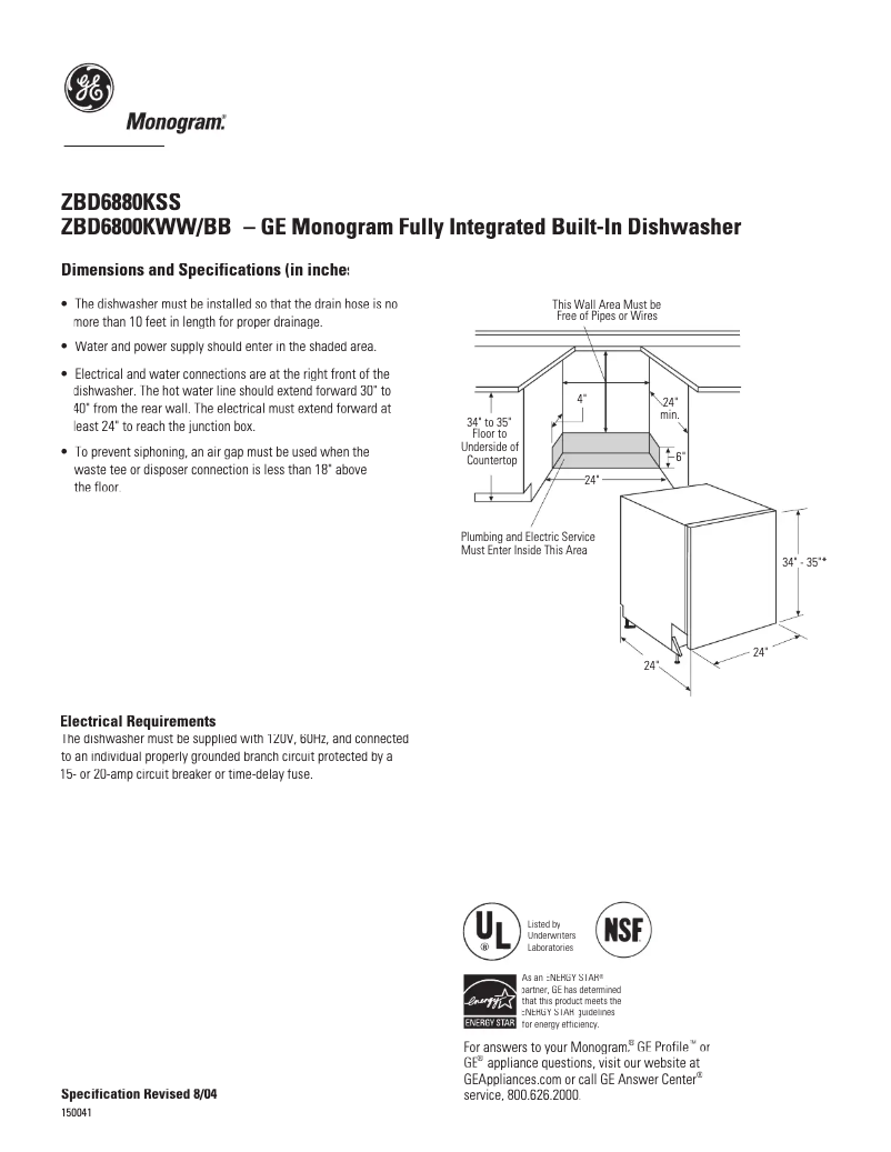 Page 1 of the manual Technical Sheet GE ZBD6800KWW