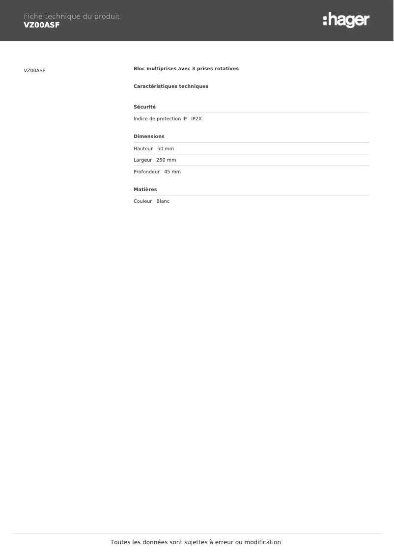 Page 1 of the manual Technical Sheet Hager VZ00ASF