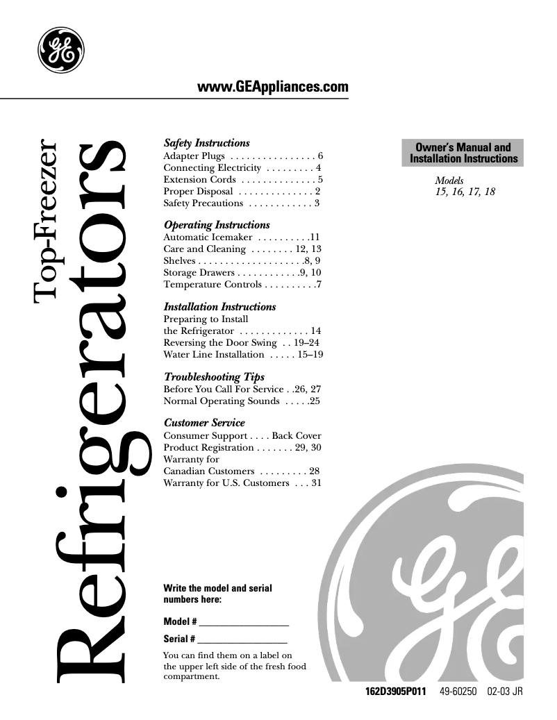 First page image of the manual for GTS18HCMWW