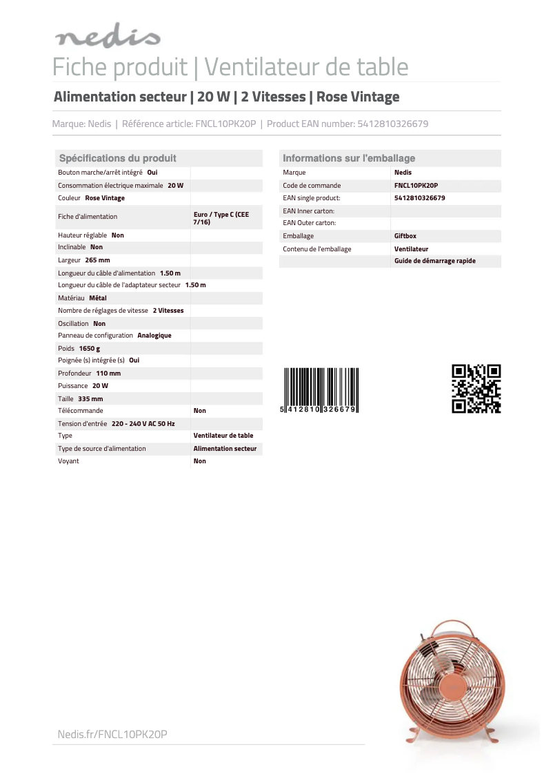 Page 1 of the manual User Manual Nedis FNCL10PK20P