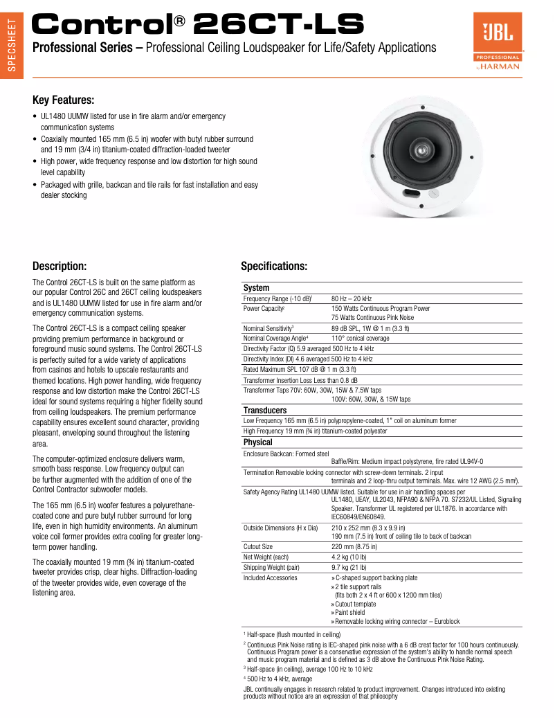 Page 1 of the manual Technical Sheet JBL Control 26CT-LS