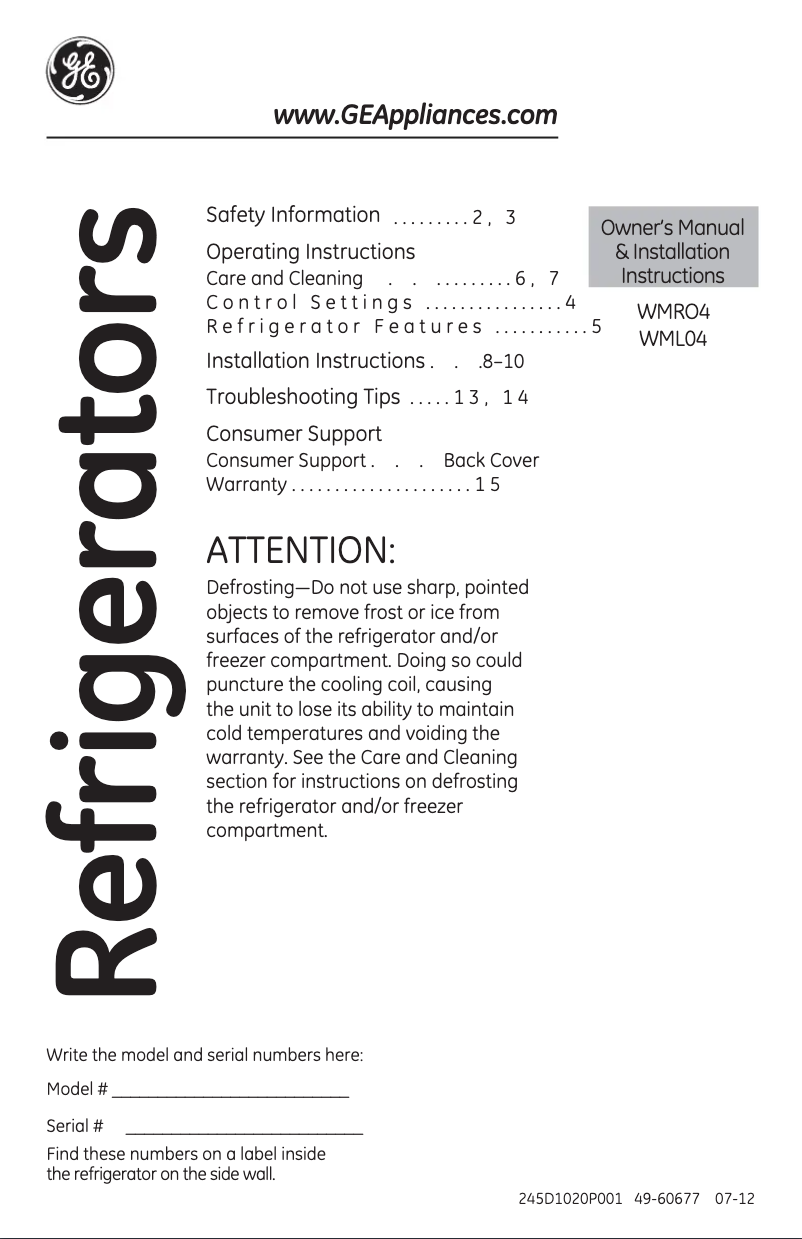 First page image of the manual for WMR04GADBB