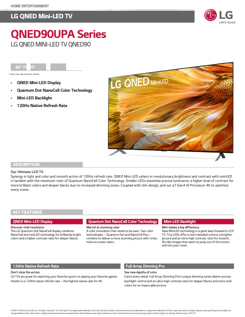 First page image of the manual for 75QNED90UPA