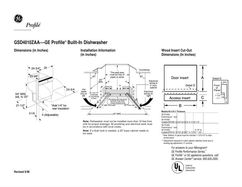 Page 1 of the manual Technical Sheet GE Profile GSD4010ZAA
