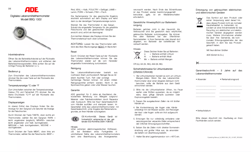 Page 1 of the manual User Manual ADE BBQ 1302
