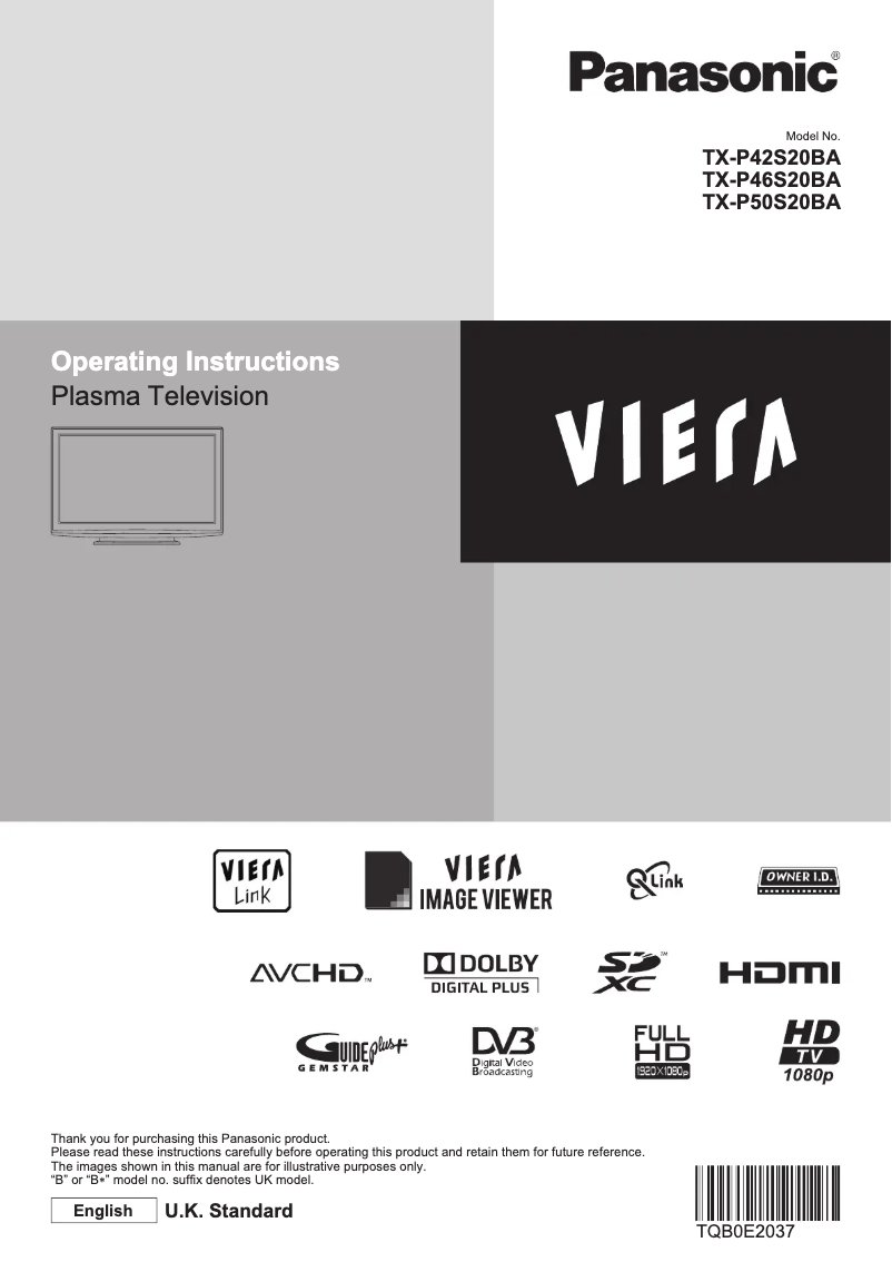 First page image of the manual for Viera TX-P50S20BA