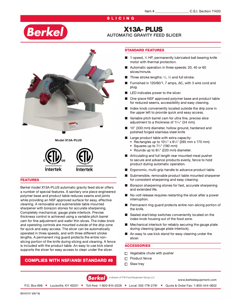 Page 1 of the manual Technical Sheet Berkel X13A-PLUS