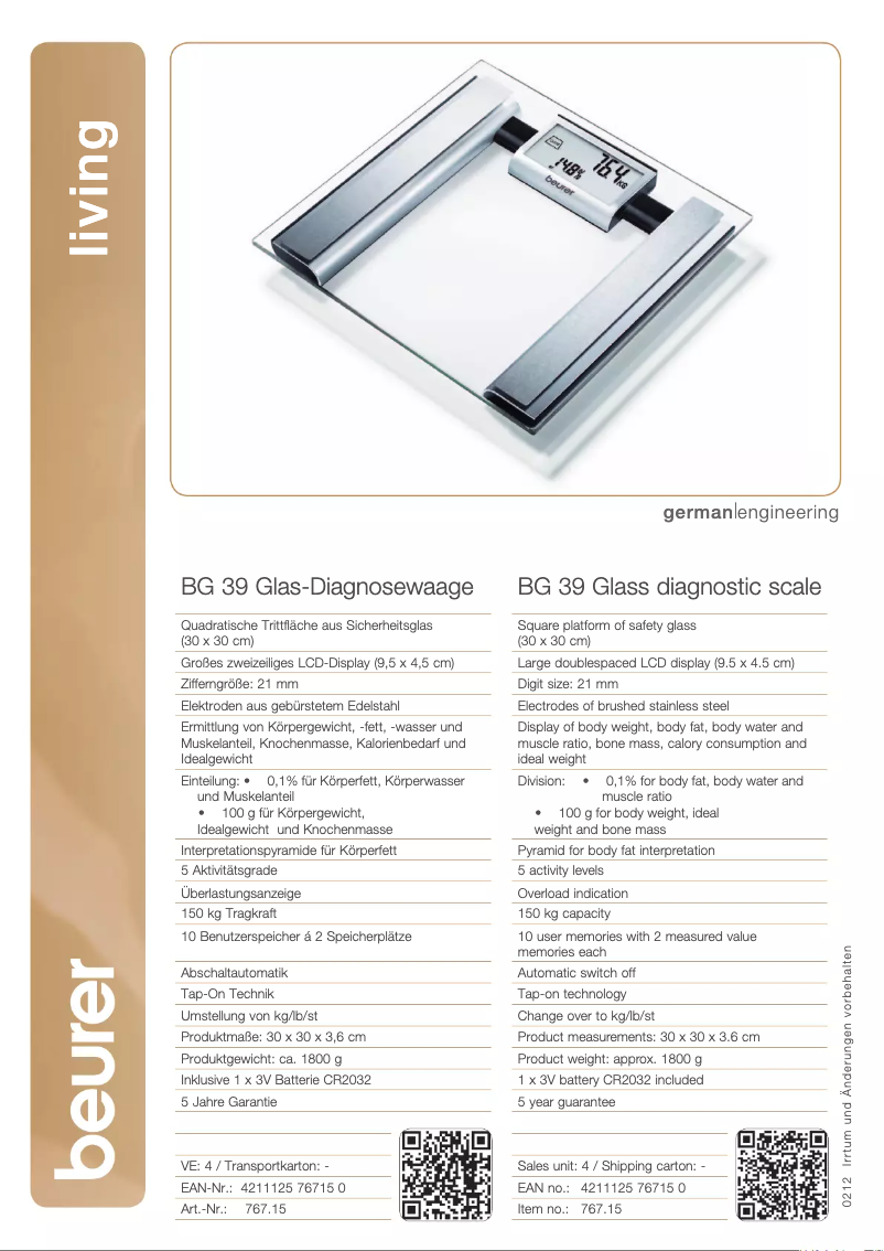 Page 1 of the manual Technical Sheet Beurer BG 39
