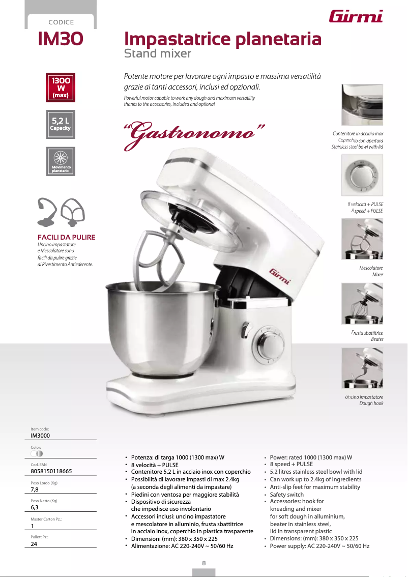 Page 1 de la notice Fiche technique Girmi IM30