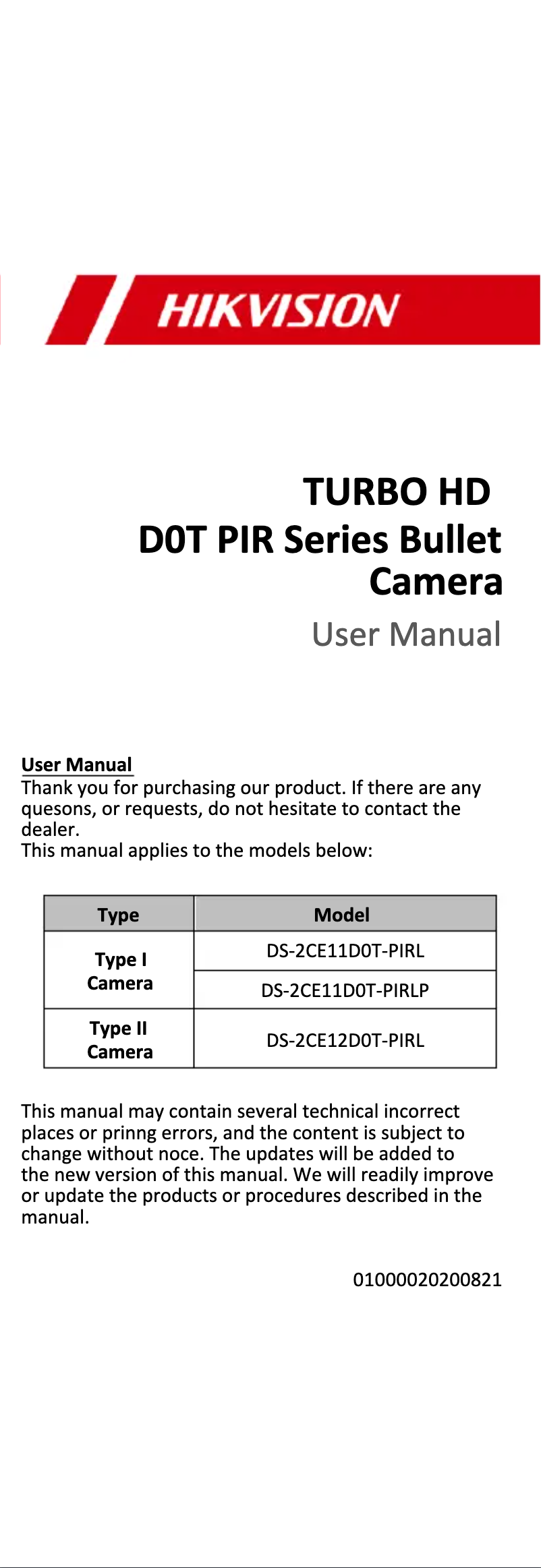 Page 1 of the manual User Manual Hikvision DS-2CE11D0T-PIRL