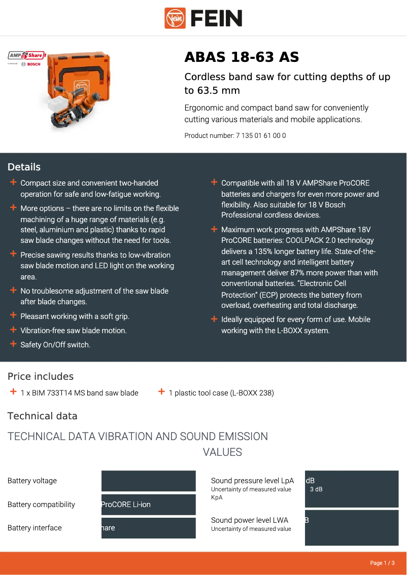 Page 1 of the manual Technical Sheet Fein ABAS18-63AS