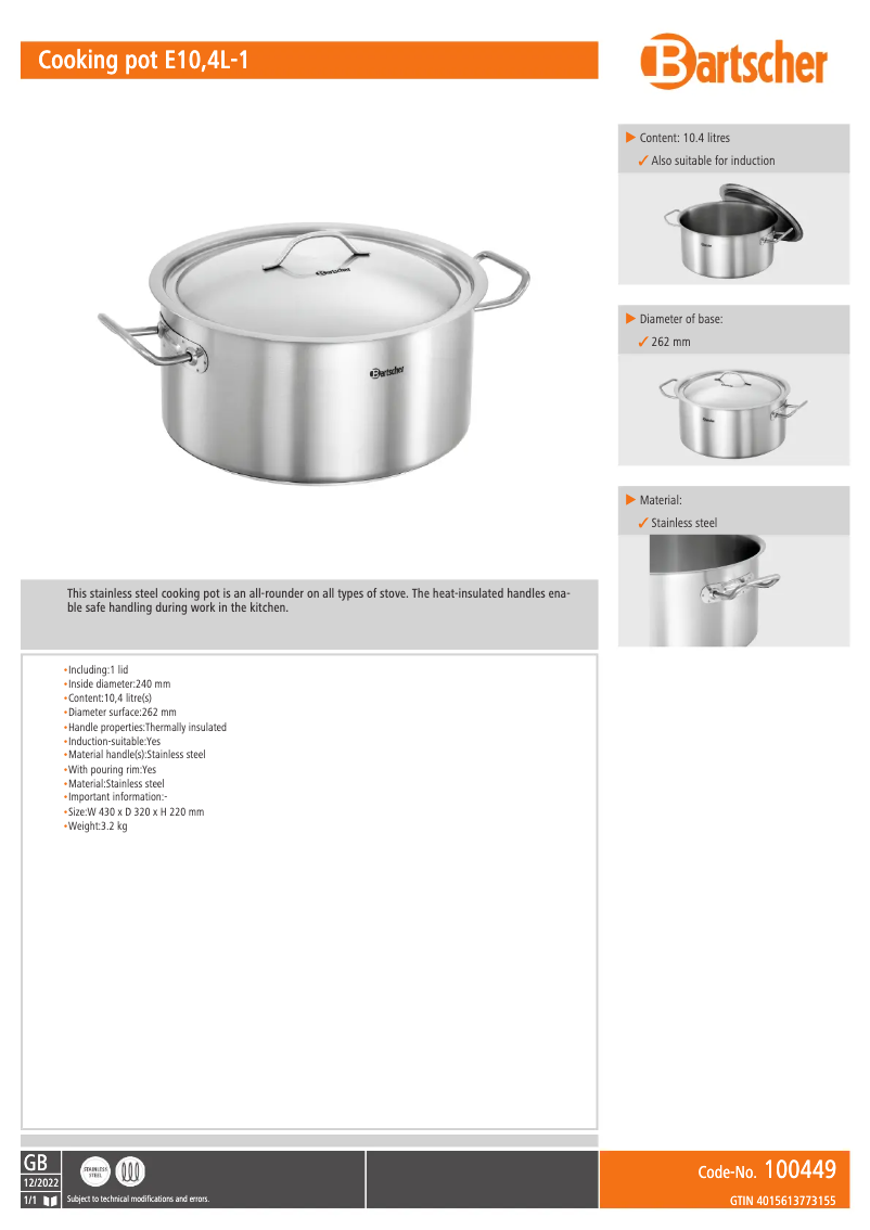 Page 1 of the manual Technical Sheet Bartscher 100449