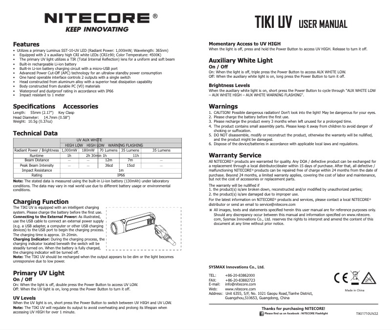 First page image of the manual for TIKI UV
