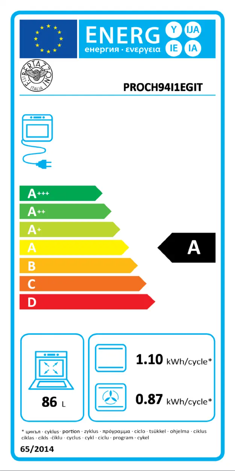 Page 1 of the manual Energy Label Bertazzoni PR1PROCH94I1EXT
