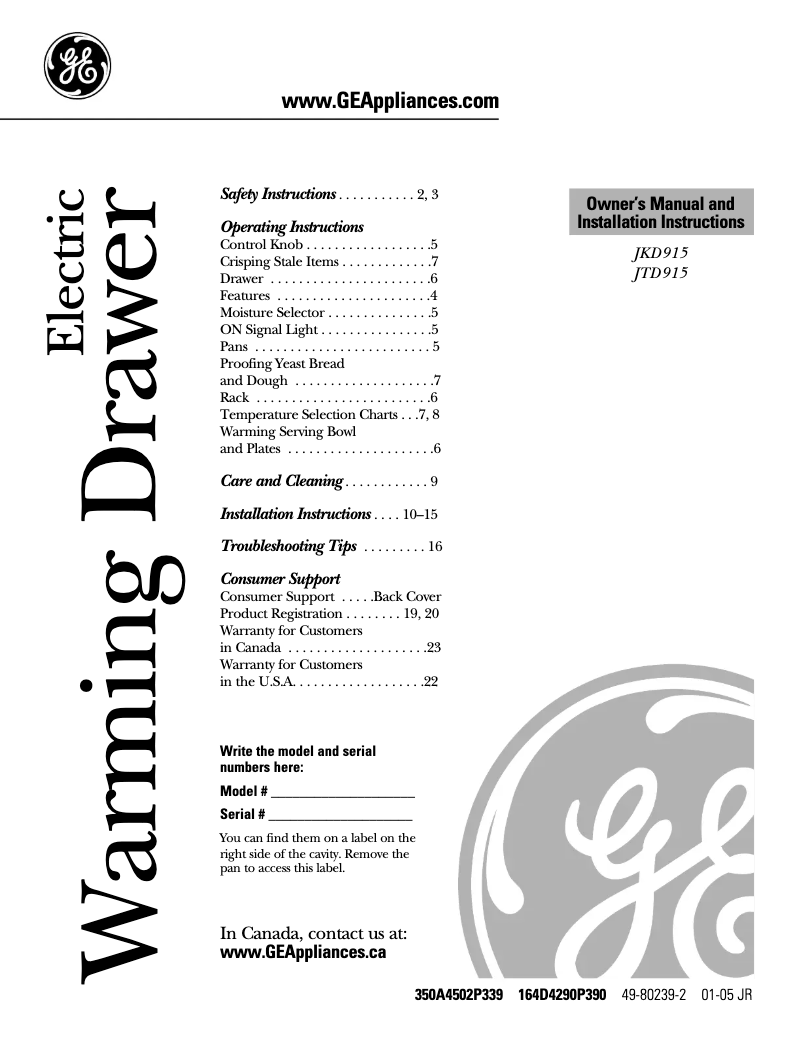 First page image of the manual for Profile JKD915SFSS