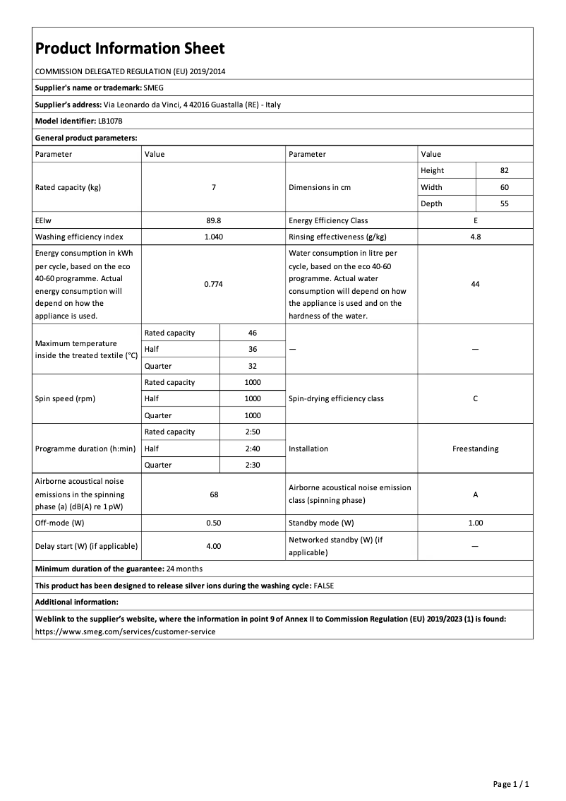 Page 1 of the manual Brochure Smeg LB107B