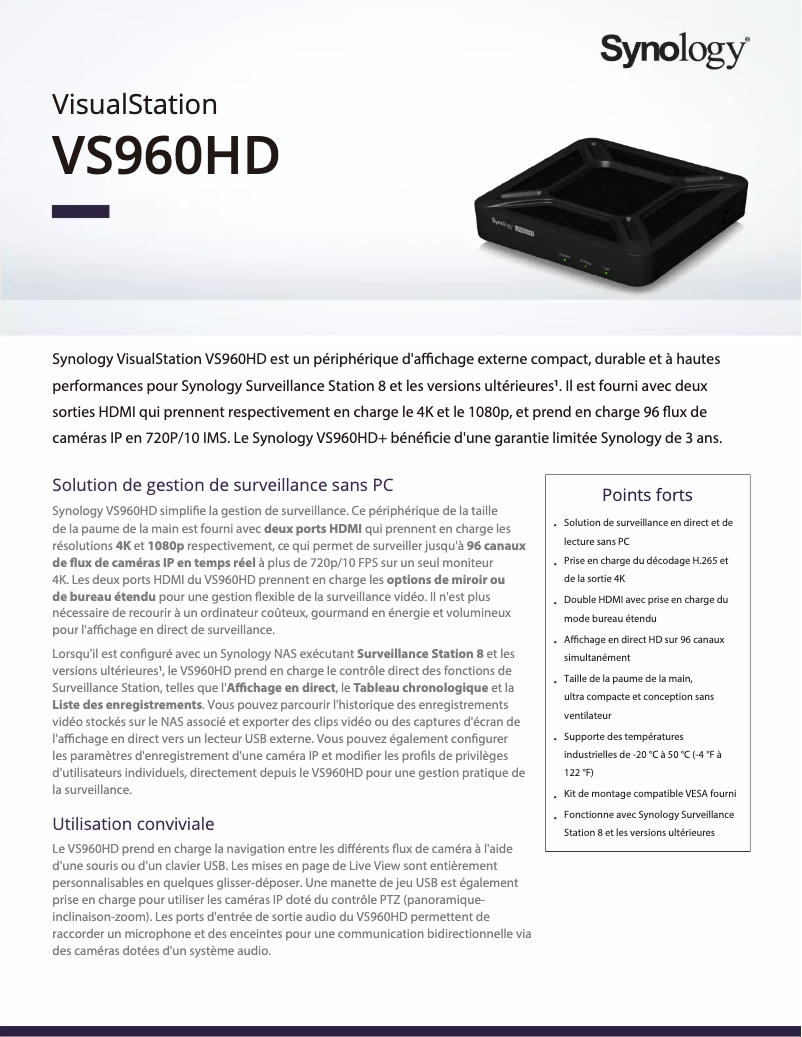 Page 1 of the manual Technical Sheet Synology VS960HD