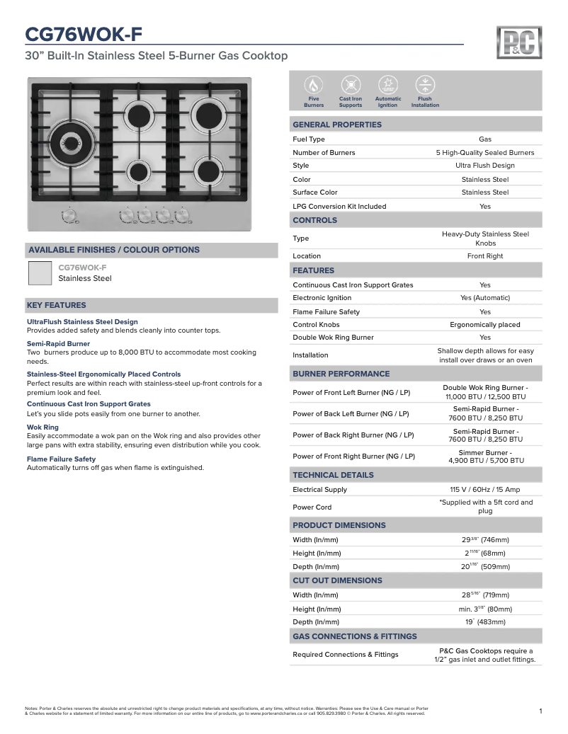 Page 1 of the manual Technical Sheet Porter & Charles CG76WOK-F