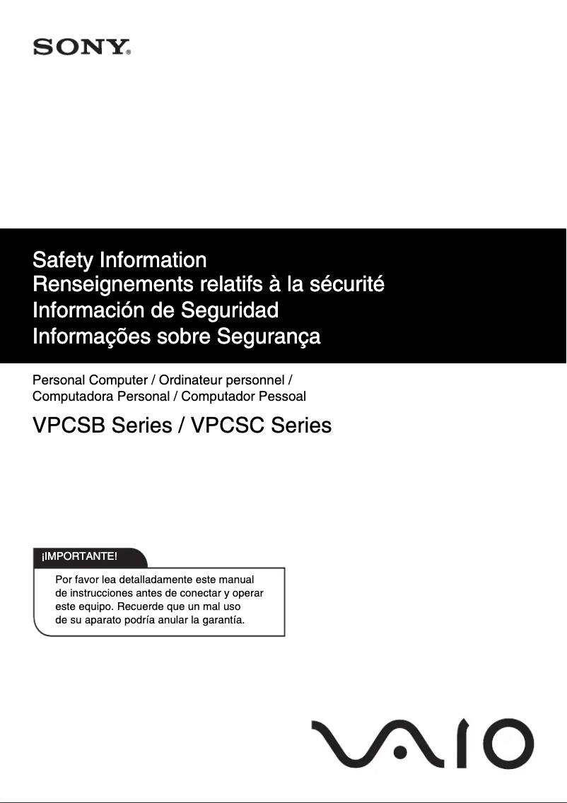 First page image of the manual for Vaio VPCSB1AGX