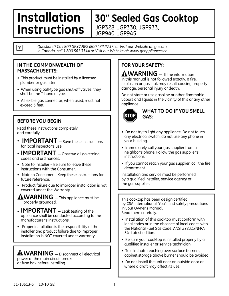First page image of the manual for Profile JGP933WEKWW