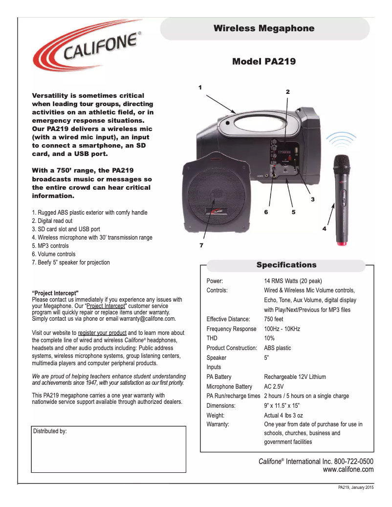 Page 1 of the manual User Manual Califone PA219
