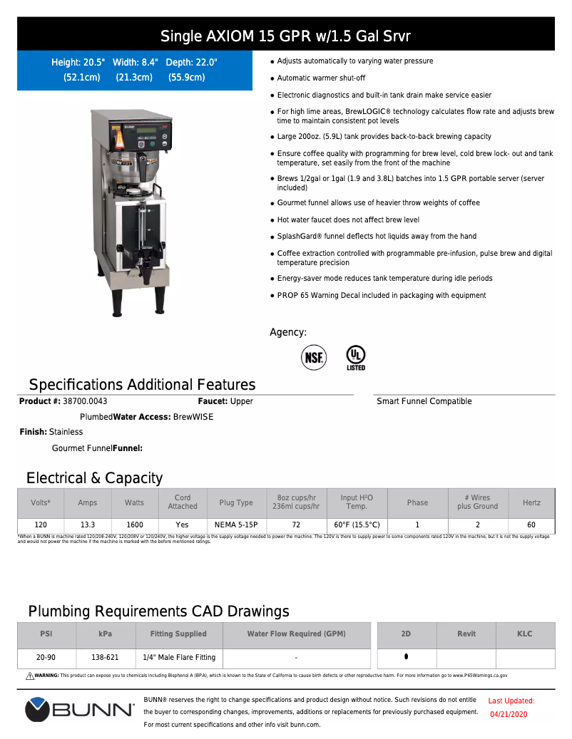 Page 1 of the manual Technical Sheet Bunn Axiom