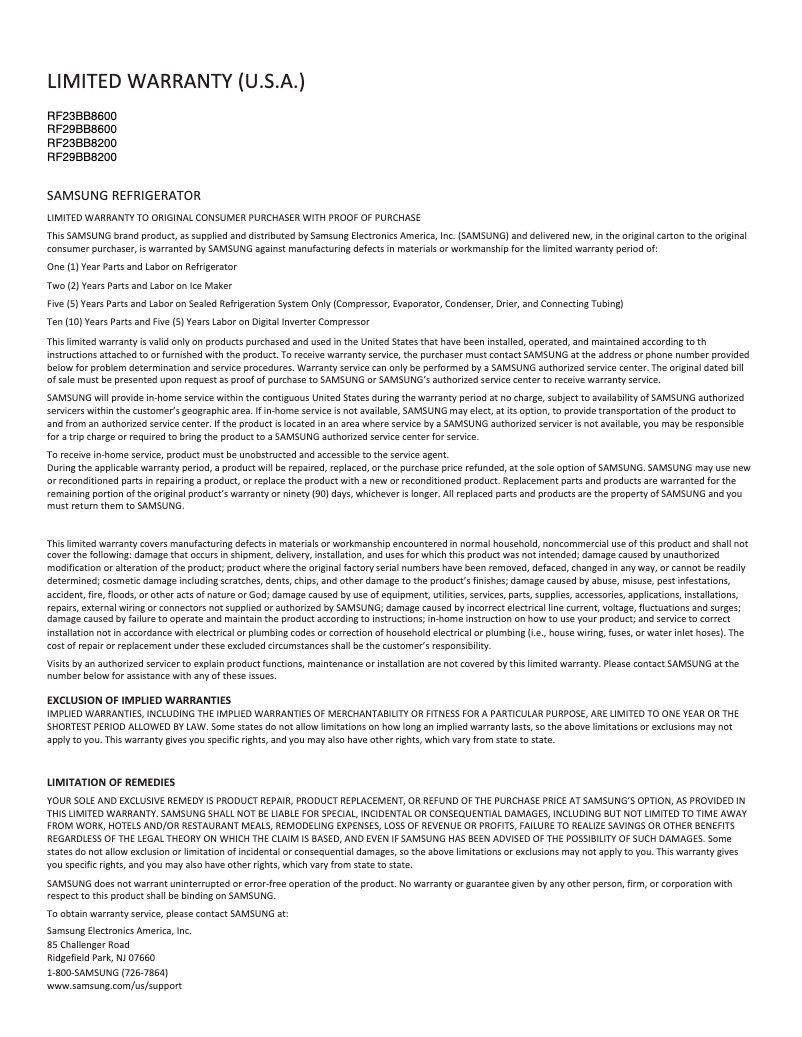 Page 1 of the manual Warranty Information Samsung RF29BB8200AP