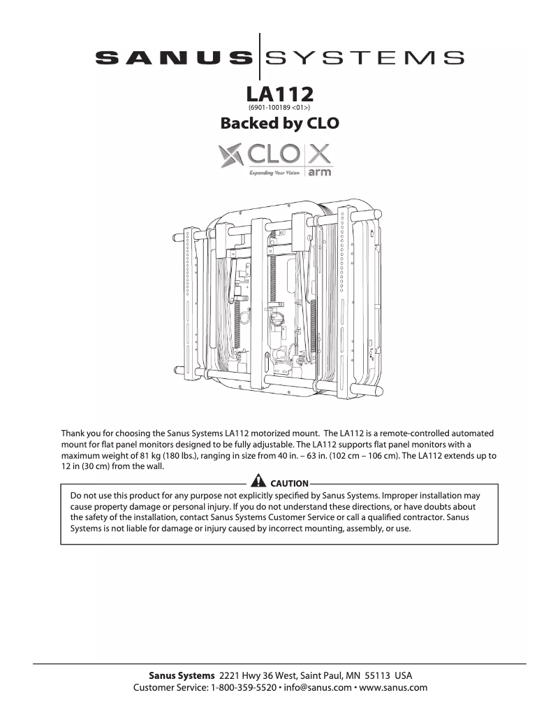 First page image of the manual for VisionMount LA112