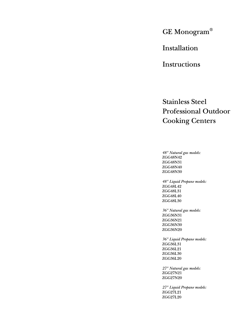 First page image of the manual for ZGG36N31YSS