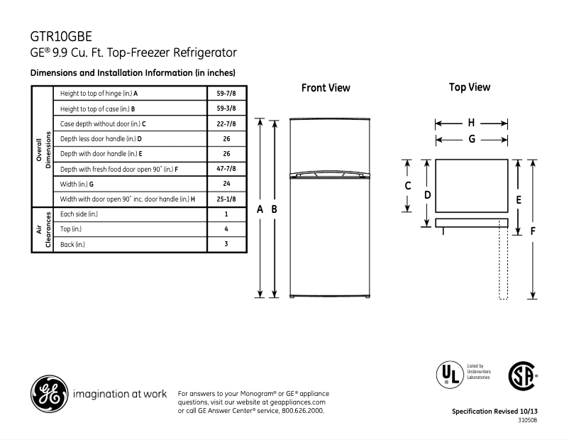 Page 1 of the manual Technical Sheet GE GTR10GBEWW