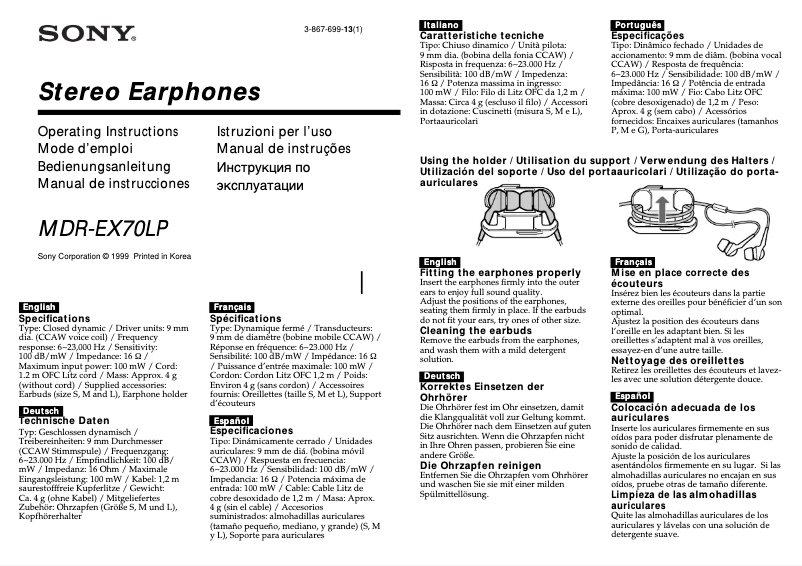 Page 1 of the manual User Manual Sony MDR-EX70LP