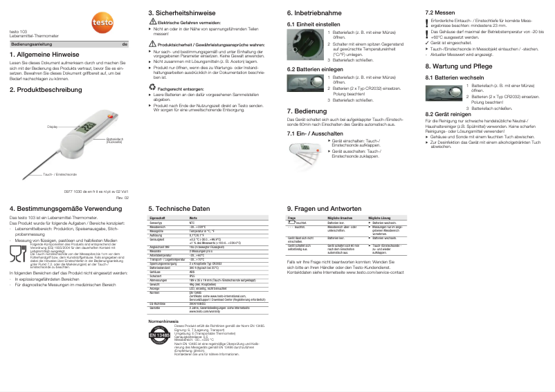 Page 1 of the manual User Manual Testo 103
