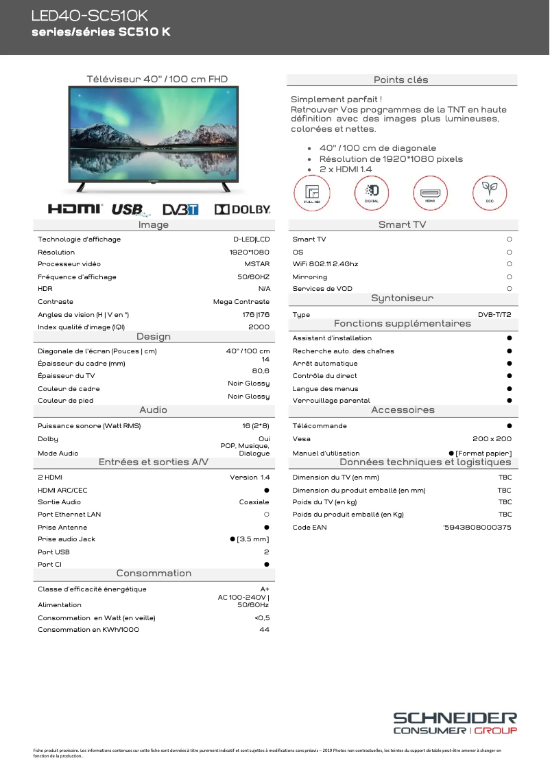 Page 1 of the manual Technical Sheet Schneider LED40-SC510K