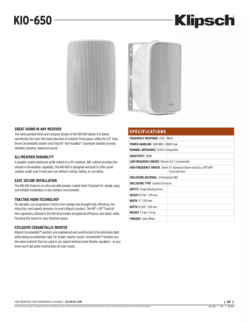 Page 1 of the manual Technical Sheet Klipsch KIO-650