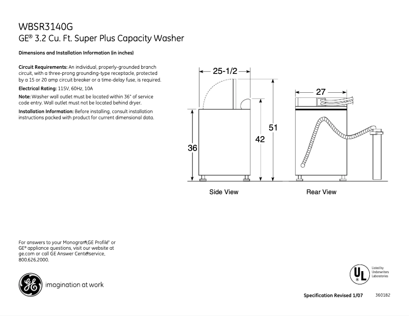 Page 1 of the manual Technical Sheet GE WBSR3140GCC
