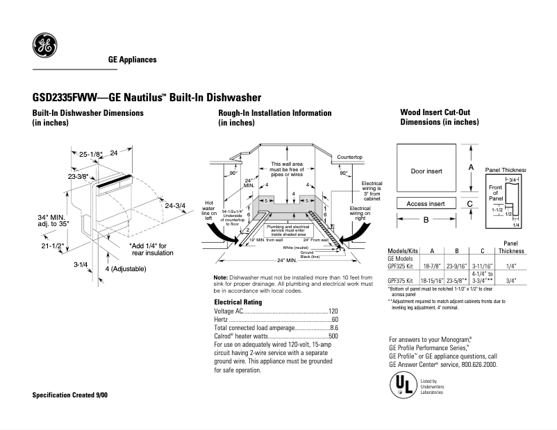 Page 1 of the manual Technical Sheet GE GSD2335FWW