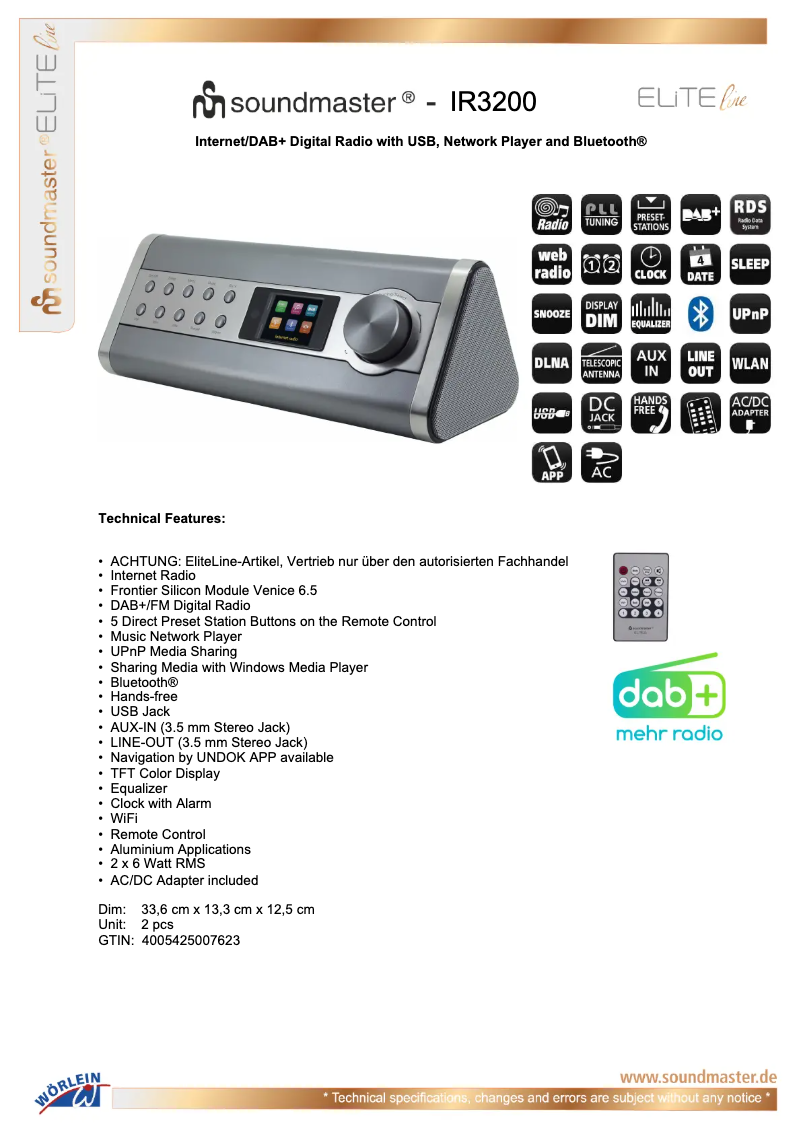 Page 1 of the manual Technical Sheet Soundmaster IR3200